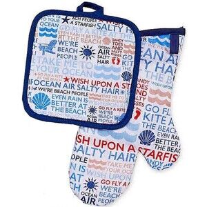 Avanti Beach Words Potholder Oven Mitt Set of 2 Beach Summer House 100% Cotton